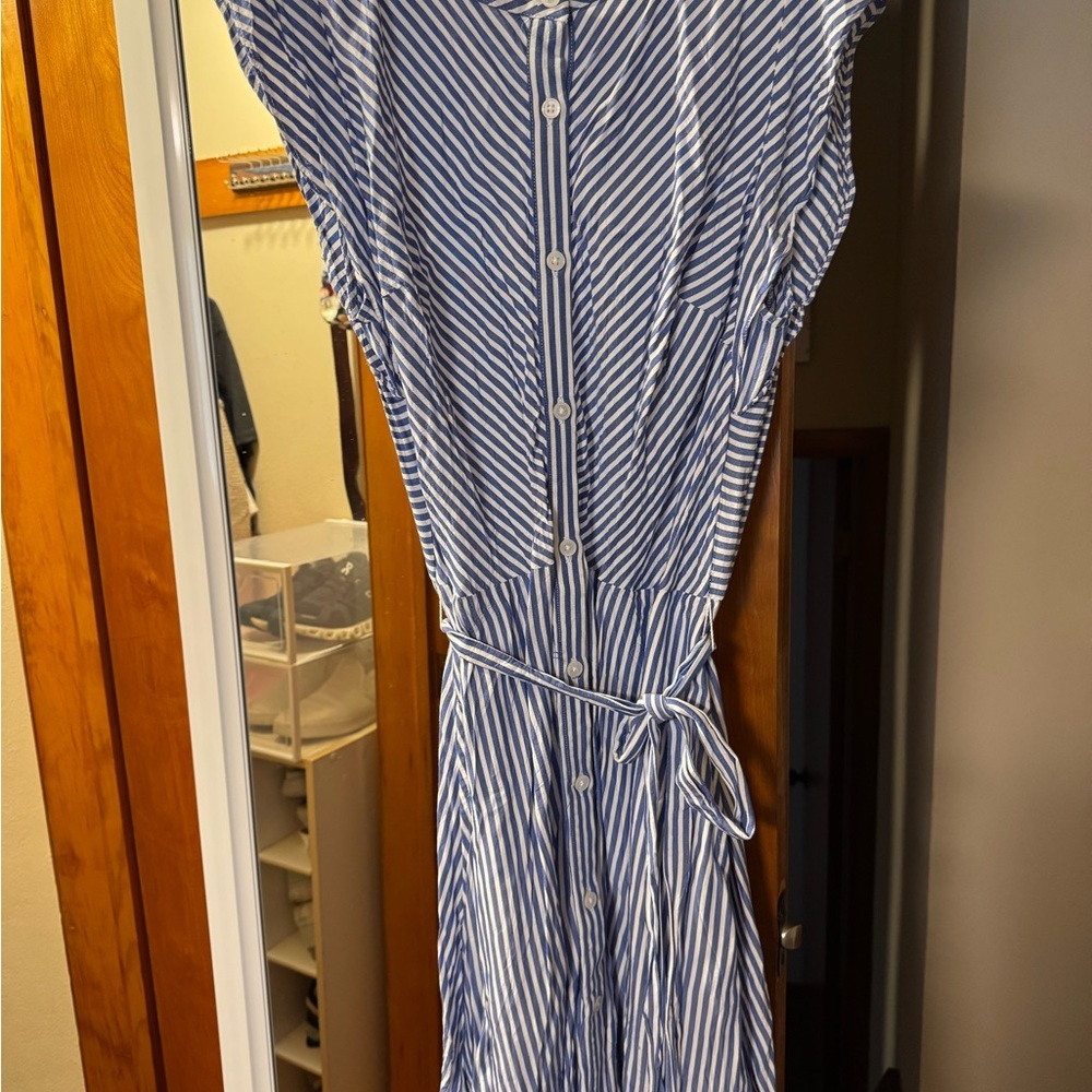 LOFT Blue and White Striped Midi Shirt Dress